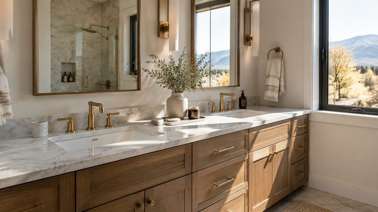 Modern primary bathroom double vanity with a honed white quartzite countertop, undermount sinks, and brushed brass faucets in soft fall daylight