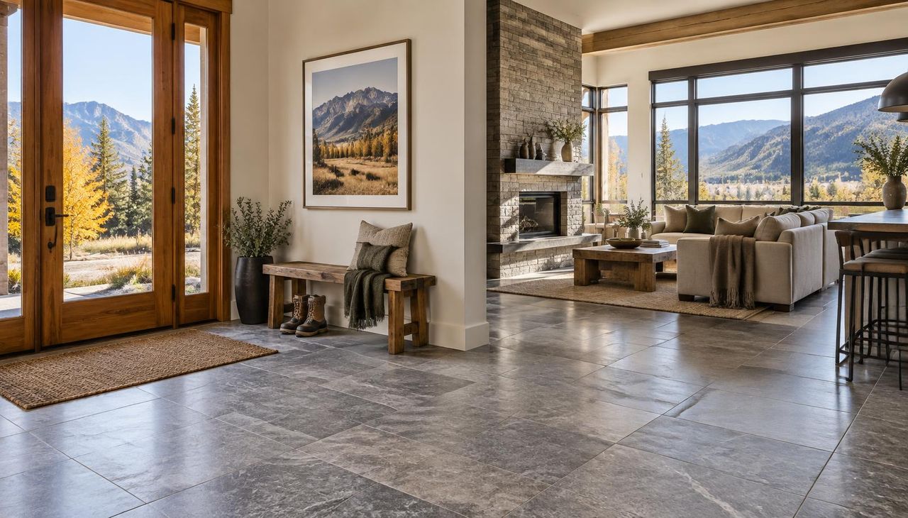 Bright open entry and great room with large-format honed gray granite floor tiles, a wood bench with boots by the front door, and foothills through the windows