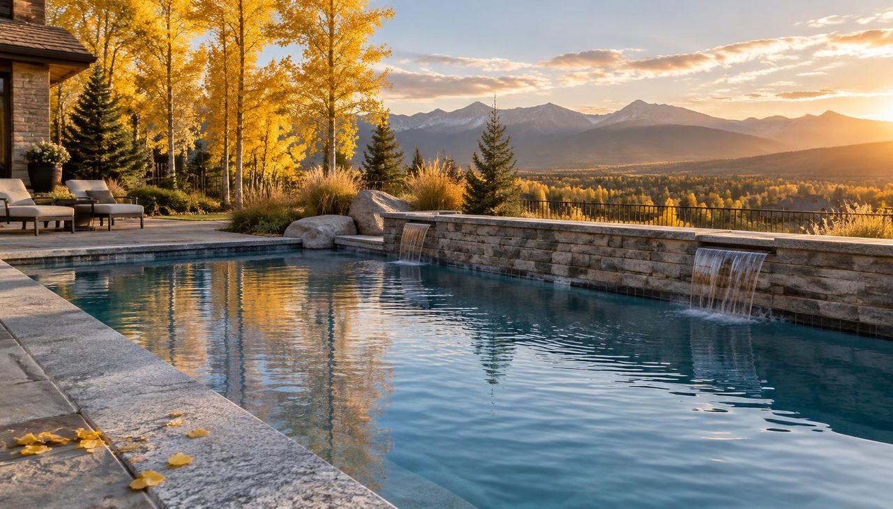 Backyard pool with light gray natural stone coping and a stacked stone pool wall with water features, mountains on the horizon in late afternoon autumn light