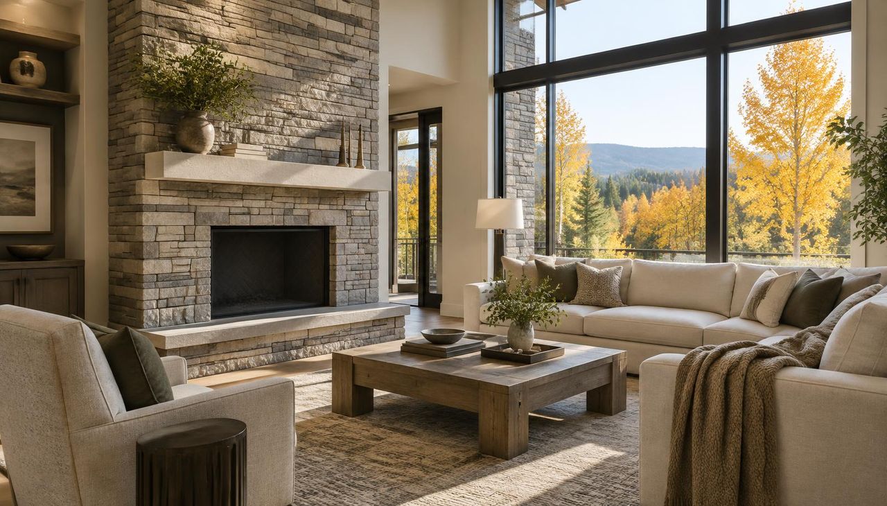 Living room with a floor-to-ceiling stacked natural stone fireplace and a thick honed stone mantle, early fall light coming through tall windows