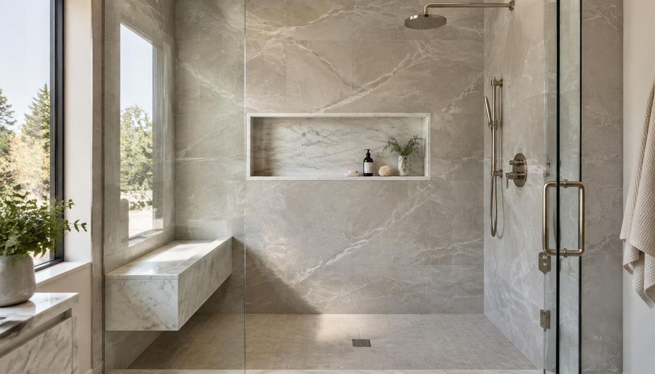Finished walk-in shower with large-format stone-look tile walls, a white marble slab niche and bench, and frameless glass in soft daylight