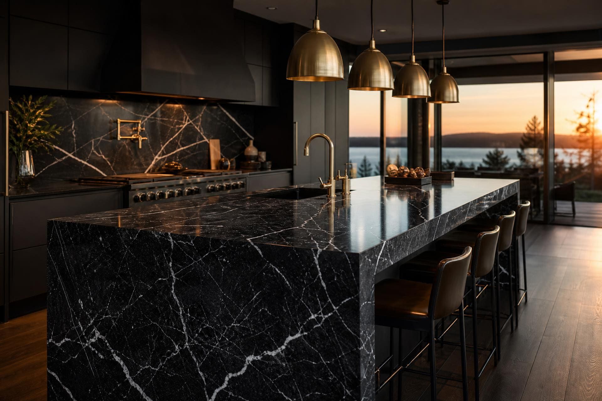 Luxury modern kitchen with a dramatic dark marble waterfall countertop and brass pendant lighting